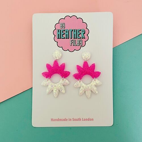 Pink and White Sparkly Geometric Glitter Earrings