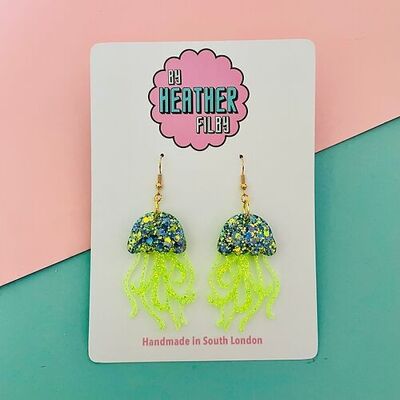 Lime Green and Blue Shimmery Jellyfish Glitter Earrings