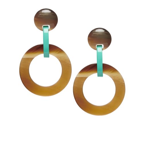 brown natural and aquamarine lacquered round link earrings