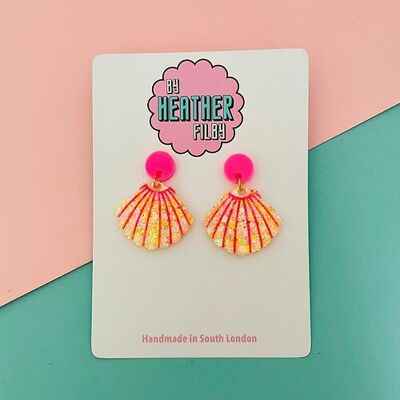 Neon Pink and Yellow Seashell Glitter Earrings