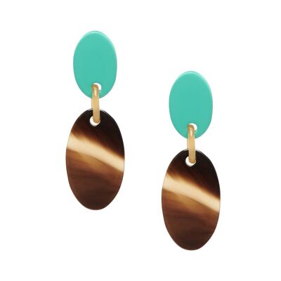 Brown natural and aquamarine lacquered oval drop earrings