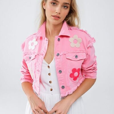 Cropped Jacket With Chest Pockets and Flower Details in Pink