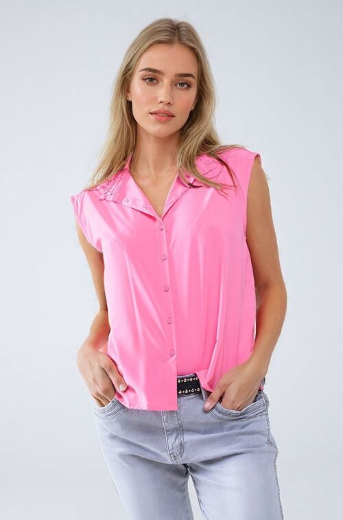 Mao Collar Sleeveless Pink Button up Blouse