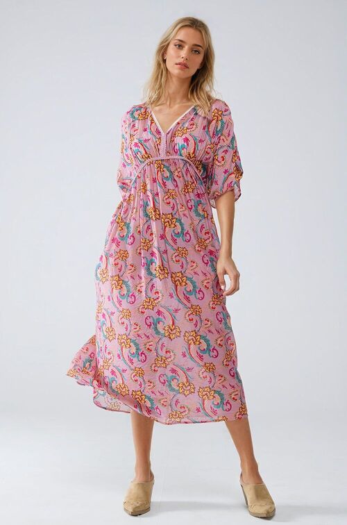 Maxi Dress In Pink With Braided Seams And Flower Print