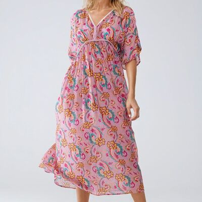 Maxi Dress In Pink With Braided Seams And Flower Print