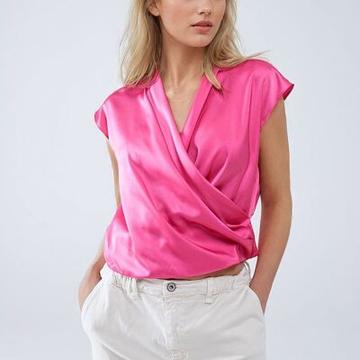 Fuchsia Crossed Silk Top With V-neck and Short Sleeves