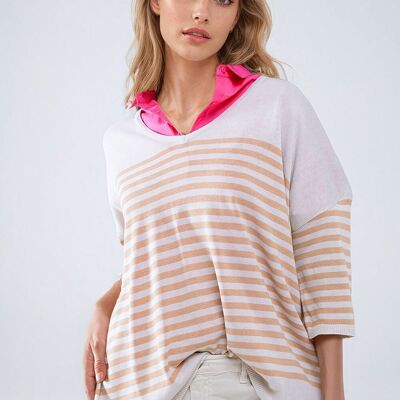 Oversized beige sweater with brown stripes and V-neck
