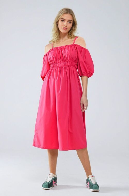 Midi fuchsia dress with short sleeves and straps