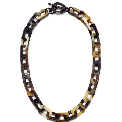 Mid Length rectangle chain link horn necklace - Black Natural