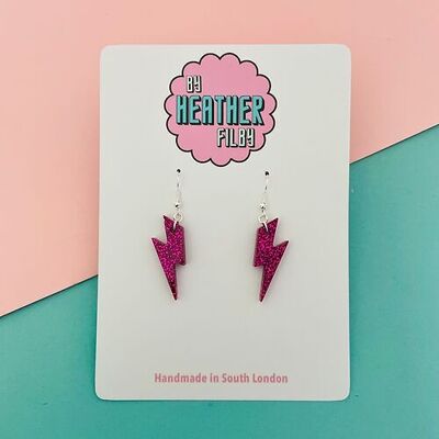 Mini pendientes de rayo con purpurina rosa intenso