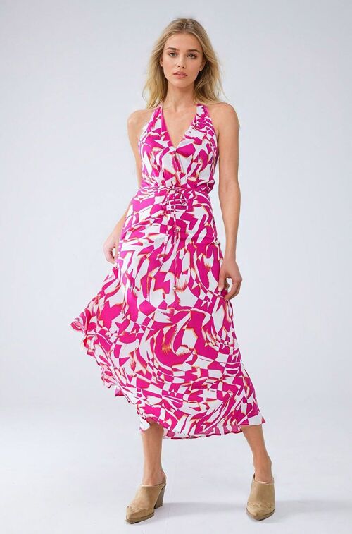 Halter Midi Dress with Cinched Waist In Abstract fuchsia and White Print