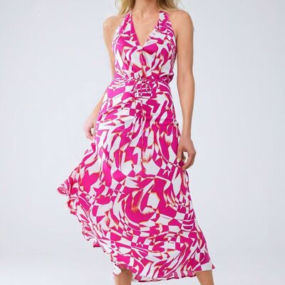 Halter Midi Dress with Cinched Waist In Abstract fuchsia and White Print