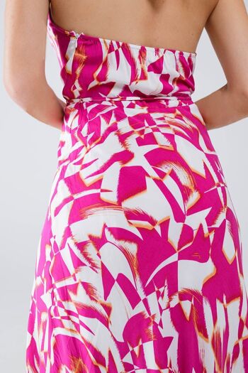 Robe midi dos nu avec taille cintrée à imprimé abstrait fuchsia et blanc 3