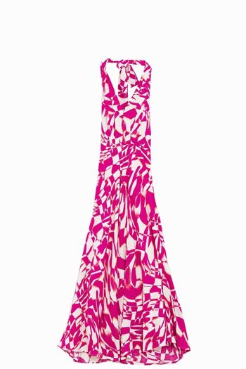 Robe midi dos nu avec taille cintrée à imprimé abstrait fuchsia et blanc 5