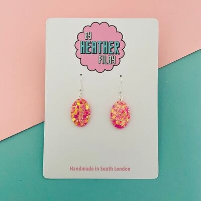 Pink and Yellow Oval Glitter Resin Earrings
