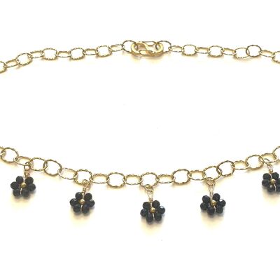 Necklace gold beads black flowers