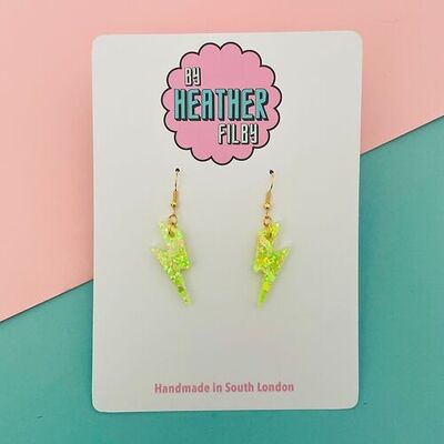 Mini Green and Yellow Glitter Lightning Bolt Earrings