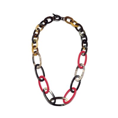Halskette mit ovalen Gliedern aus schwarzem Naturhorn und roten Horngliedern