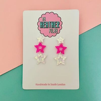 Pink and White Glitter Triple Star Earrings