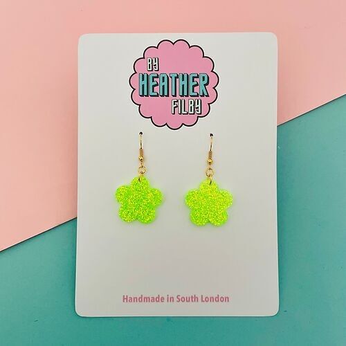 Lime Green Glitter Mini Flower Earrings