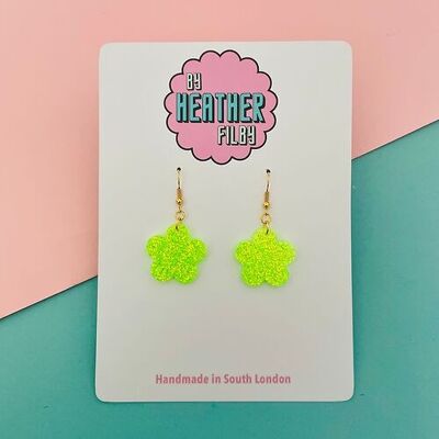 Lime Green Glitter Mini Flower Earrings