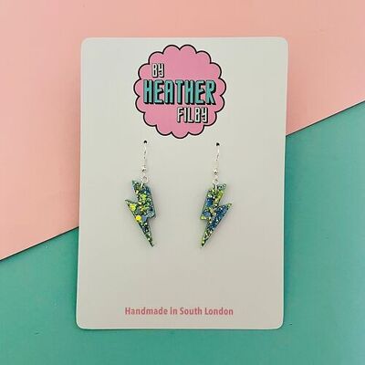 Mini Blue and Green Glitter Lightning Bolt Earrings