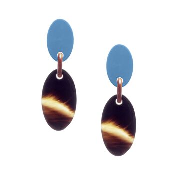 Boucles d'oreilles pendantes ovales laquées marron naturel et bleu 1