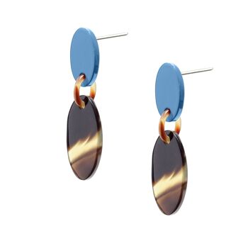 Boucles d'oreilles pendantes ovales laquées marron naturel et bleu 2