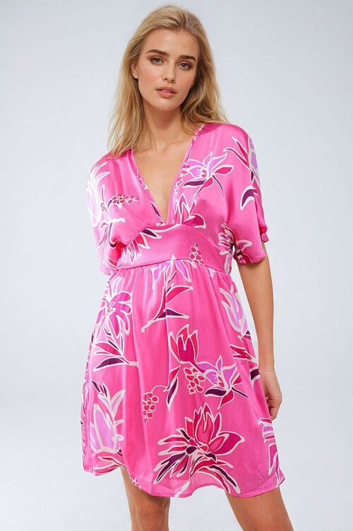 Pink Short Dress With Flower Print And V-neckline