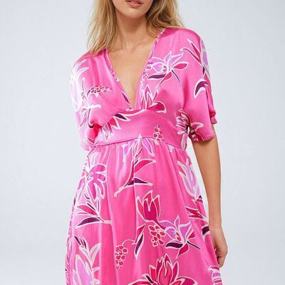 Pink Short Dress With Flower Print And V-neckline