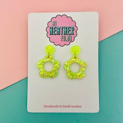 Lime Green 60's Style Flower Glitter Earrings