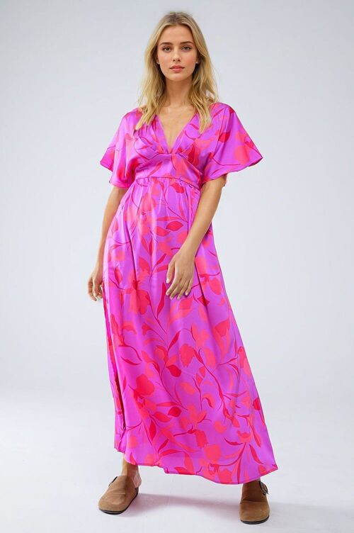Fuchsia Maxi Dress With Flower Design and Angel Sleeves