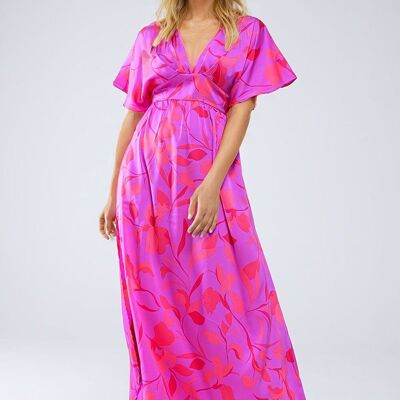 Fuchsia Maxi Dress With Flower Design and Angel Sleeves