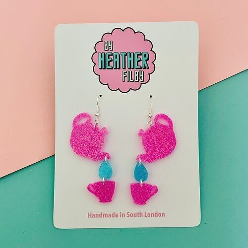 Pink and Blue Tea Pot and Cup Glitter Earrings