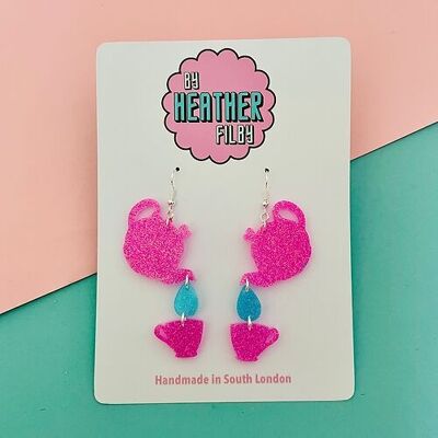 Pink and Blue Tea Pot and Cup Glitter Earrings