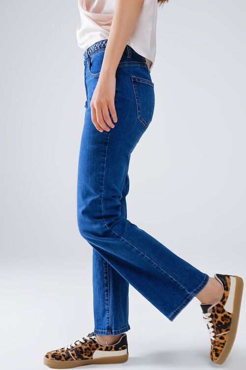 Basic Dark Blue Denim Jeans With Braid Detail At Waist