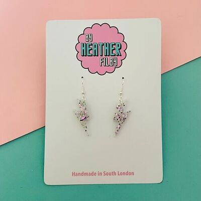 Mini White and Purple Glitter Lightning Bolt Earrings