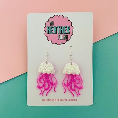 White and Neon Pink Shimmery Jellyfish Glitter Earrings