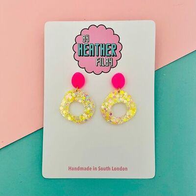 Neon Pink and Yellow Circle Glitter Earrings