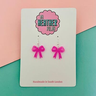 Neon Pink Mini Bow Glitter Earrings