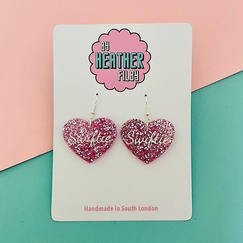 Pink Heart 'Swiftie' Glitter Earrings