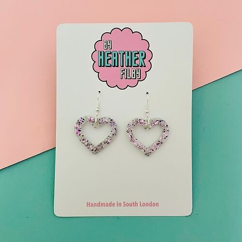 Purple and White Small Glitter Heart Earrings