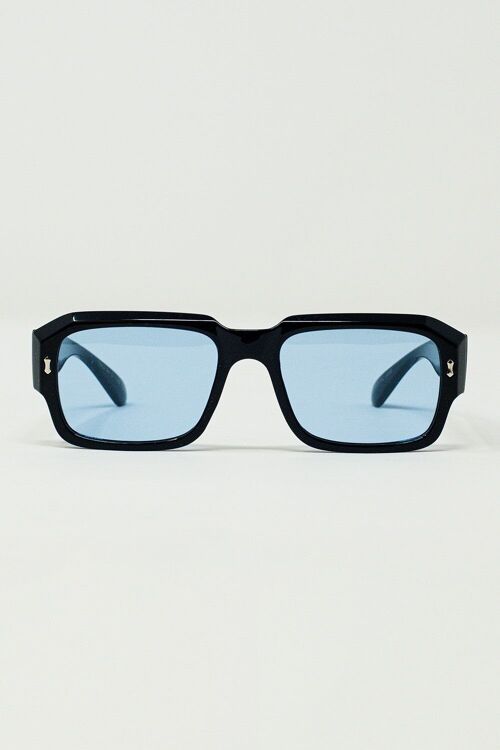 Rectangular Black Frame Sunglasses With Blue Lenses