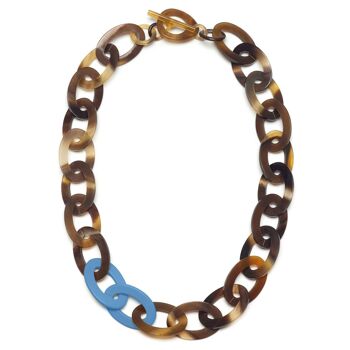 Collier à maillons ovales mi-longs marron naturel et bleu 1