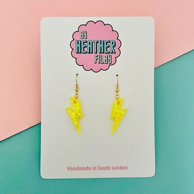 Mini Neon Yellow Glitter Lightning Bolt Earrings