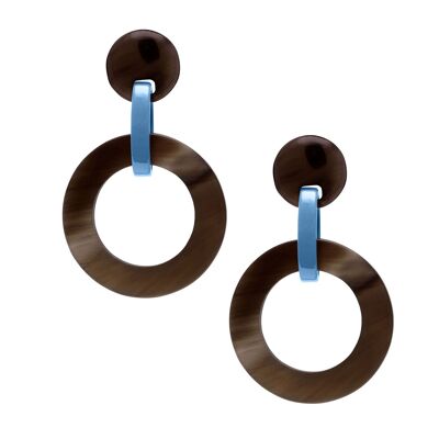 Brown natural and blue lacquered round link earrings