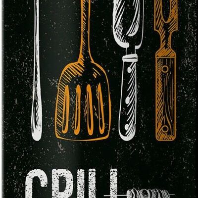 Cartel de chapa que dice Grill & Chill Lounge Grilling Decoración 10x27cm