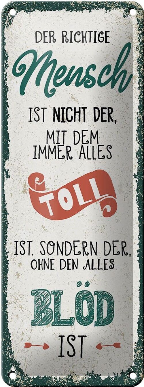 Blechschild Spruch der richtige Mensch ohne alles blöd 10x27cm