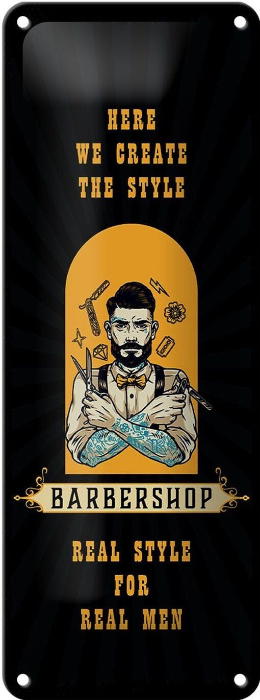 Targa in metallo con scritta Barbershop Here we Greate Style 10x27 cm