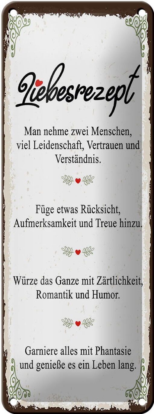 Targa in metallo con scritta "ricetta d'amore" prendi 2 persone 10x27 cm